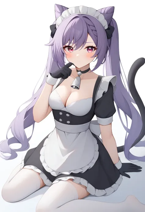 score_9,score_8_up,score_7_up,<lora:wariza_pony:1>,1girl,keqing_(genshin_impact),maid_headdress,solo,blush,cone_hair_bun,long_hair,purple_hair,twintails,medium_breasts,cleavage,enmaided,zettai_ryouiki,highres,black_choker,black_dress,black_gloves,cat_tail,...