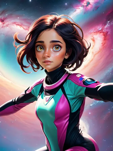 (human: 1woman, (mid twenty:1.15), big eyes, latina face, freckles, medium breasts ), (hairstyle: crew cut), (backround: space, station,skydiving, cosmic landscape, swirling galaxies, dimensional rift, vibrant colors,acidic pits, bubbling liquids, toxic fu...