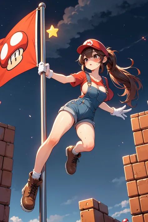 (((masterpiece))), (((best quality))), (((from below))), ((steel pole dancing)), ((leaning forward)), ((mushroom logo flag)), ((at height)), mario costume, brown hair, red cap, red shirt worn under denim overalls, white gloves, brown shoes, castle, greener...