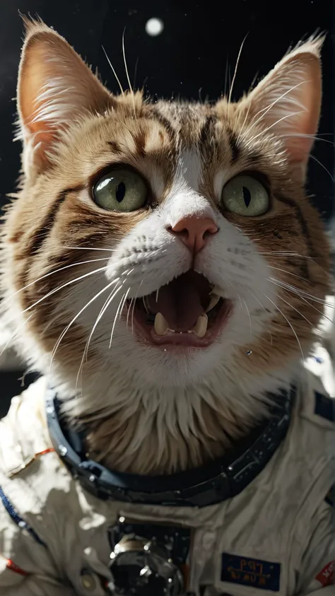 cinematic film still anime artwork,  cfb ,close up of a surprised and shocked cat foreground, (a mission apollo on the moon background:1.3), vibrant, highly detailed,  shallow depth of field,,cinemascope, moody, epic, gorgeous, film grain, grainy,meme,paro...