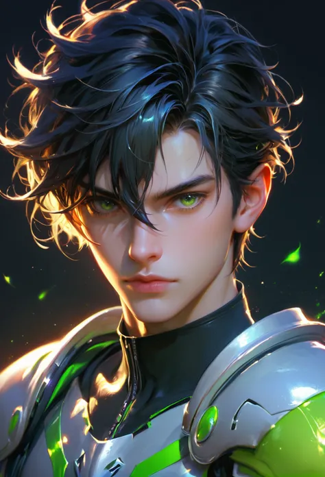 score_9, score_8_up, score_7_up, solo, looking at viewer, short hair, black hair, 1boy, hair between eyes, closed mouth, green eyes, upper body, male focus, armor, lips, bodysuit, black background, realistic, straight-on