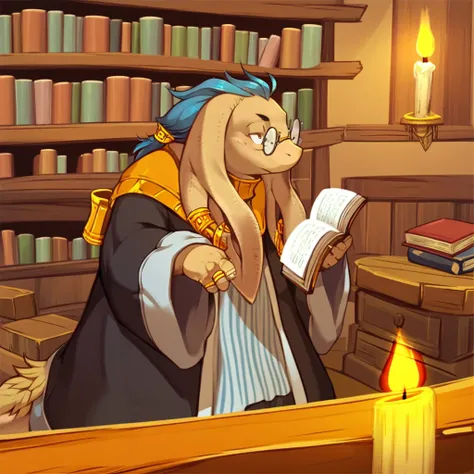 score_9, score_8_up, score_7_up, score_6_up, score_5_up, score_4_up, A Nu Mou scholar with beige fur and blue hair as well as tail fur, reads a magical book in a forgotten library lit by candlelight. Wearing glasses, golden jewelry, and a black robe, his e...