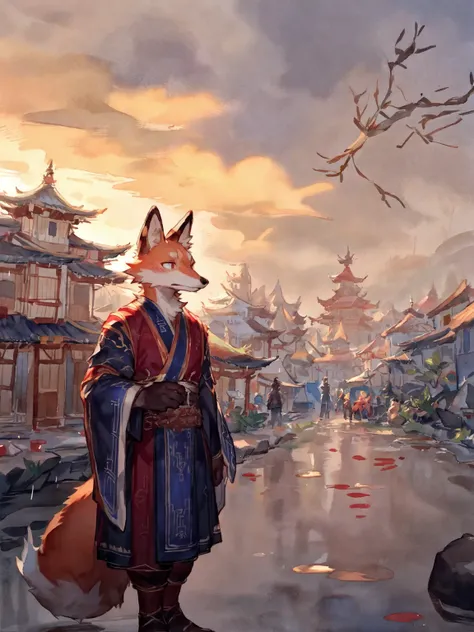 furry,male,anthro fox,fluffy muscle,Thin,15age juvenile,hanfu,Rain,disappointed and lost,Delicate face,Delicate eyes,Changan Old Town, by zackary911, by bebebebebe, by null-ghost, by youhei79384157, ink, watercolor (artwork), color splash, (colorful)