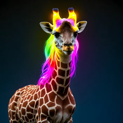 Giraffe with hrglw glowing rainbow neon hair <lora:glowing_hair-000006:1.5>