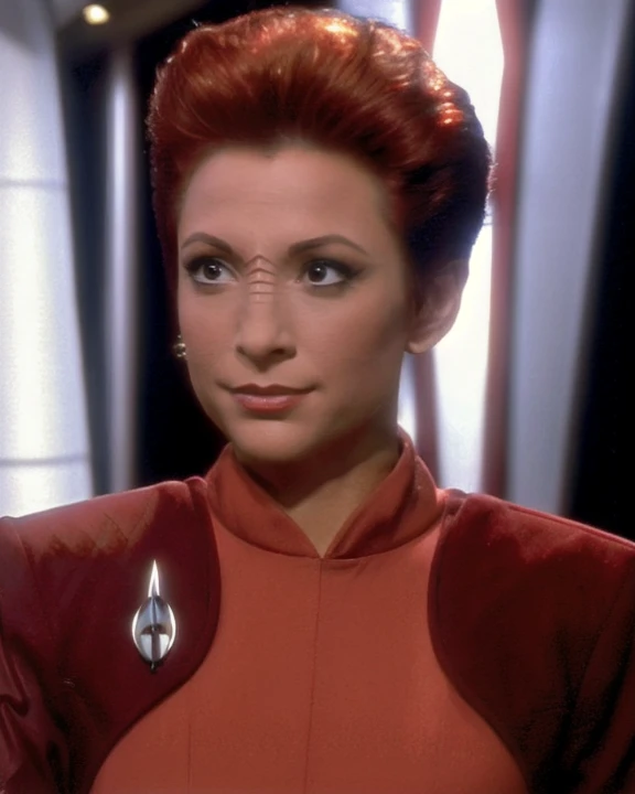 <lora:majorkira_lora:0.8>, majorkira, female, short auburn hair, ridges on nose bridge, wearing silver cuff chain earring on right ear, nana visitor, wearing red bajoran uniform, wearing bajoran brooch, posed portrait, professional photo, front view, mediu...