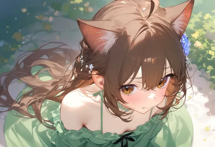 newest, masterpiece, best quality, amazing quality, very aesthetic, absurdres,from above,sitting,close up,standing,upper body,shy,1girl, ahoge, animal ears, bangs, bare shoulders, blush, brown eyes, brown hair, cat ears, closed mouth, commentary request, d...