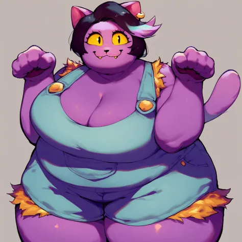 score_9_up, score_8_up, source_furry, cat, furry female, catty (undertale), purple skin, yellow eyes, black hair, multicolored hair, ear piercing, standing, smile, paw pose, big breasts, cleavage, plump, ear piercing, overalls