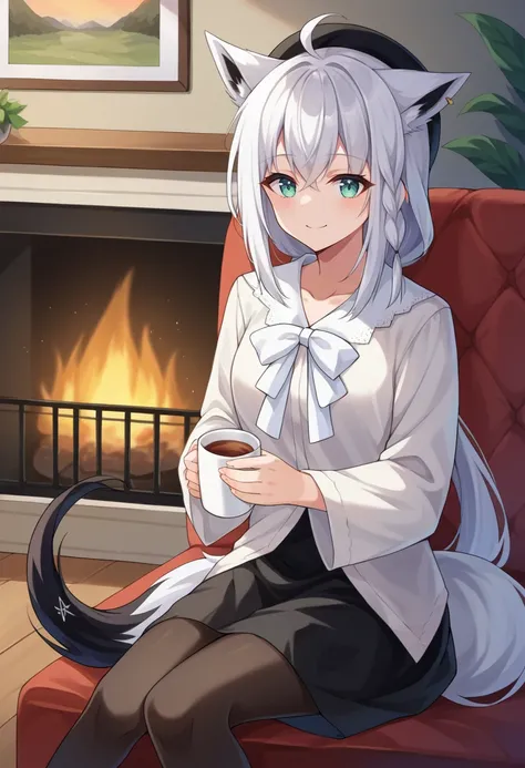 score_9, score_6_up, source_anime BREAK 1girl, solo, indoors, cozy, fireplace, sitting, holding cup, fubuki_casual, white shirt, white bow, beret, black skirt, black pantyhose, white hair, single side braid, ahoge, piercing, fox tail, light smile <lora:shi...