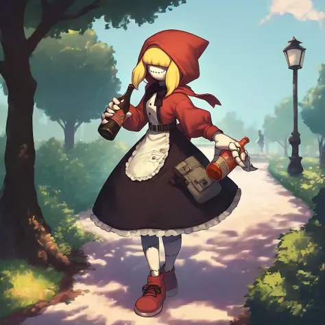 score_9, score_8_up, score_7_up, score_6_up, score_5_up, score_4_up, rating_safes,source_anime,scene from digimon adventure,1girl,solo,red hood,dress,apron,bowtie,belt,blonde hair,hair over eyes,shaded face,stitches,:3 smug,full body,standing,outdoors,park...