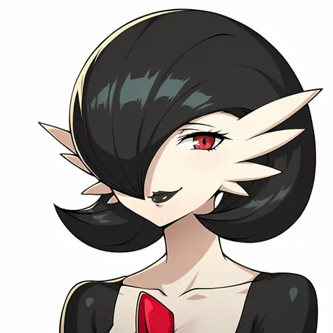 Score_9, score_8_up, score_7_up, source_anime, looking at viewer, cowboy shot,masterpiece, best quality, upper body, portrait,beautiful, (white background),  BREAK, black gardevoir, smug, bratty, black lips,  BREAK,  <lora:Persona_5_Portrait_Style_Pony_ups...