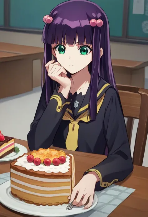 score_9, score_8_up, score_7_up, source_anime, medium photo of ben1o, benio adashino, 1girl, solo, purple hair, long hair, green eyes, hair ornament, bangs, hair bobbles, black serafuku, school uniform, sitting at dinner table, looking at food, cake <lora:...