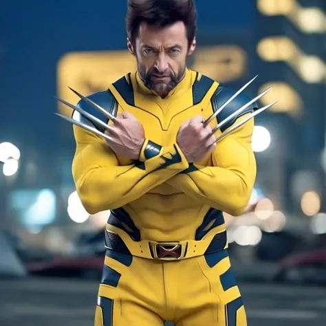 cinematic photo full body Hugh Jackman in a yellow and blue bodysuit, wolverine claws, fight poses, night city lights background <lora:Wolverine2024-1024:0.9> . 35mm photograph, film, bokeh, professional, 4k, highly detailed