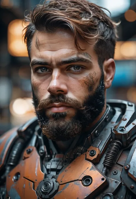 close up Portrait photo of muscular bearded guy in a worn mech suit, intricate, (steel metal [rust]), elegant, sharp focus, photo by greg rutkowski, soft lighting, vibrant colors, masterpiece, ((streets)), detailed face