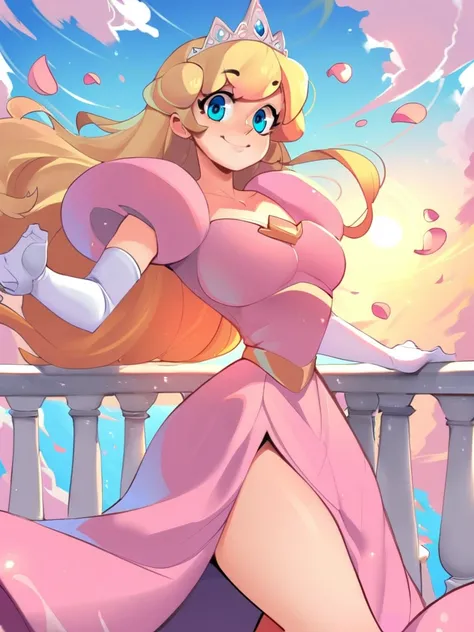 score_9, score_8_up, score_7_up, score_6_up, princess girl, princess dress, pink clothes, tiara, blonde, blue eyes, white elbow gloves, balcony, clouds, sky, medium breasts, narrow waist, wide hips, thick thighs, looking at viewer, cowboy shot, dynamic pos...