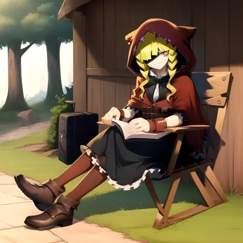 scene from hellsing,chaperomon,1girl,solo,hood,red hood,dress,apron,bowtie,belt,blonde hair,hair over eyes,shaded face,stitches,full body,outdoors,chair,sitting in chair, <lora:Chaperomon15v3:1>, sfw, masterpiece, best quality,absurderes