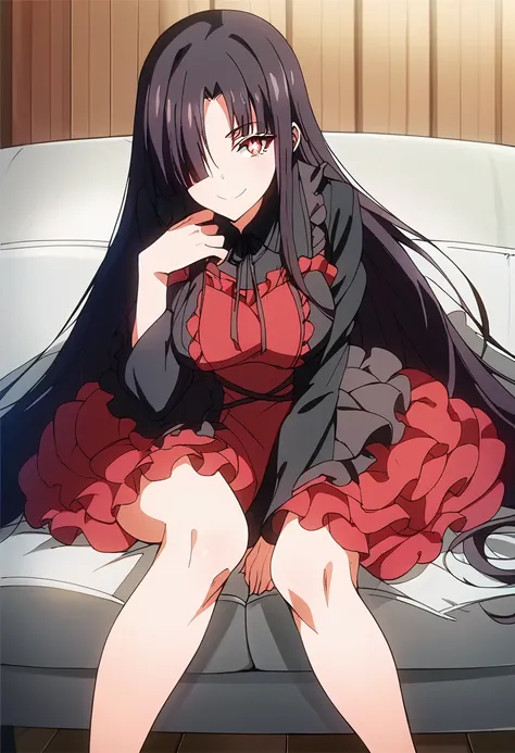 score_9, score_8_up, score_7_up, source_anime, 1girl, solo, <lora:ouyang xueli v2:1>, hair over one eye, dress, looking at viewer, smile, very long hair, frills, long sleeves, black hair, layered dress, frilled dress, bangs, large breasts, standing, red ey...