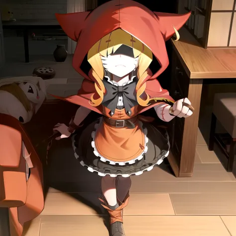 scene from konosuba,chaperomon,1girl,solo,hood,red hood,dress,apron,bowtie,belt,blonde hair,hair over eyes,shaded face,stitches,full body,walking,indoors,living room, <lora:Chaperomon15v3:1>, sfw, masterpiece, best quality,absurderes