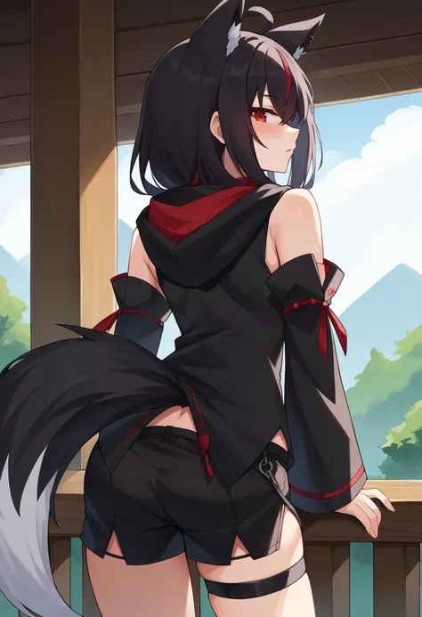 score_9, score_6_up, source_anime BREAK 1girl, solo, kurokami, black hair, black shirt, black shorts, streaked hair, detached sleeves, red eyes, thigh strap, single thighhigh, ahoge, piercing, fox tail, japanese town, from behind, looking back, hood down <...