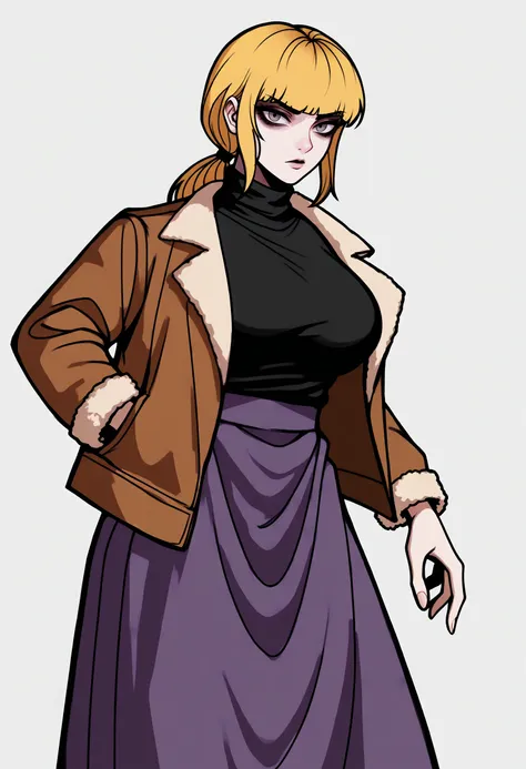 score_9, score_8_up, score_7_up, score_6_up, score_5_up, score_4_up,
BREAK
1girl, blonde hair, low ponytail, grey eyes, bangs, karin funger,
BREAK
solo, brown jacket, purple skirt, long skirt, black sweater, large breasts,
BREAK
white background, simple ba...