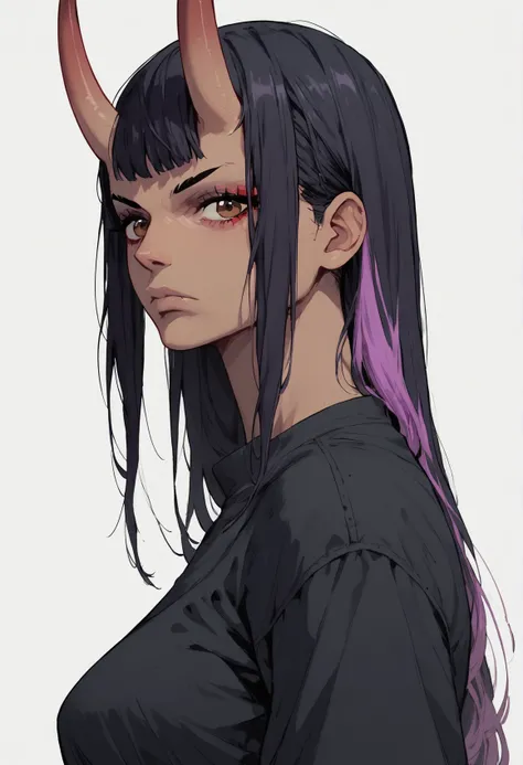 (score_9, score_8_up), score_7_up, zPDXL, (one piece), tan, 1girl, long hair, black hair, purple streak, two-tone hair, brown eyes, medium breasts, (oni, oni horns), upper body, black shirt, looking at viewer, black aura, dark aura, white background, two-t...