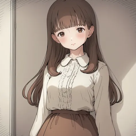 <lora:BunkeiJyoshiXLpony001>,
solo,
BunkeiJyoshi,1girl,brown hair,long hair,brown eyes,
collared_shirt,frilled_shirt,
long_skirt,