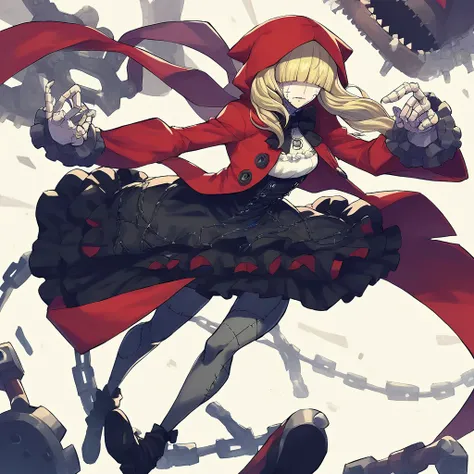 score_9, score_8_up, score_7_up, score_6_up, score_5_up, score_4_up, rating_safes,source_anime,cutscene from persona 5,1girl,solo,red hood,dress,bowtie,blonde hair,hair over eyes,shaded face,stitches,patchwork,  dynamic pose,full body,chaperomon standing i...