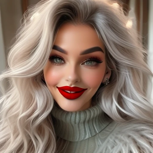 looking at viewer, breasts, earrings, eyelashes, parted lips, cleavage, makeup, aran sweater, lipstick, medium breasts, smile, turtleneck, mohair sweater