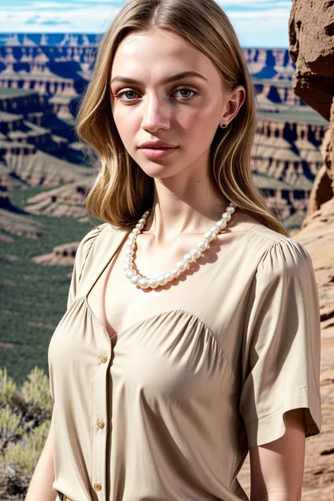 European woman, closeup, (shirt), pants, (big bend national park), pearl necklace , ZM_debora , wide shoulders, perfect face, (contact iris: 1.1), pale skin, skin pores , depth of field