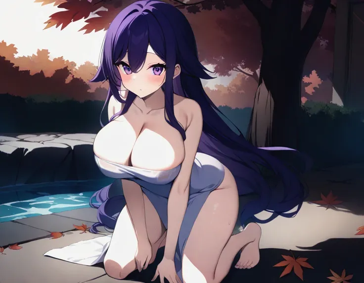 1girl,oharu_musibugyo,autumn_leaves,breasts,cleavage,kneeling,large_breasts,long_hair,purple_eyes,purple_hair,solo,towel,water,<lora:oharu-musibugyo-xl:1>,masterpiece,high quality,