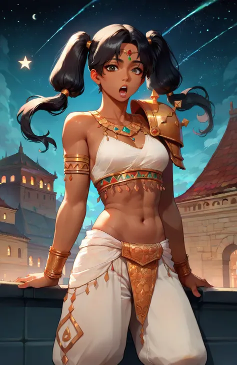 <lora:eronasu:0.8> 1girl, black hair, twintails, dark skin, harem pants, bra, shoulder armor, gold plated, at night, clear sky, rooftop, outdoors, arabic arcitecture, holding dagger, looking at viewer, open mouth, volumetric fog,, score_9, score_8_up, scor...