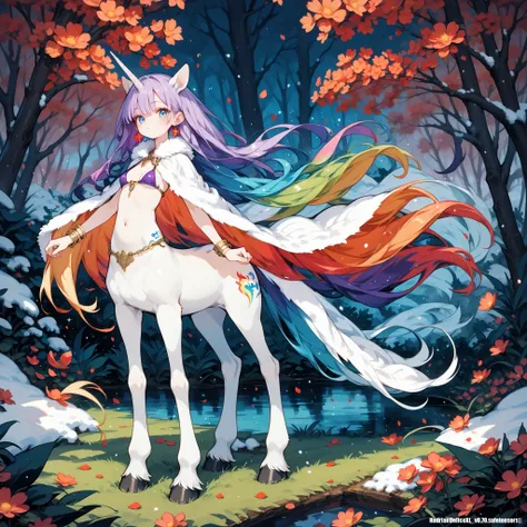 score_10,score_9_up,score_8_up,score_7_up, ,, hyper colorful,rainbow gradient,hyper saturationdetailed background,((fictional character,female centaur unicorn)),navel,expressionless, silky hair,long hair,multicolored maigcal forest,((night,lowlight,darkne...