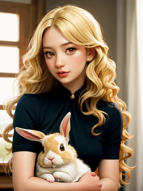 Realistic photo of a beautiful m14w4s woman, 1girl, solo, long hair, (((blonde hair))), dress, brown eyes, lips, curly hair, rabbit, realistic, holding animal, professional Photography, Photorealistic, detailed, RAW, analog, sharp focus, 8k, HD, DSLR, high...