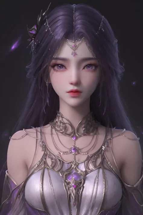 breathtaking <lora:TMyunxi:1>,yunxi,1girl,solo,hair ornament,purple hair,long hair,jewelry,dress,upper body,magic,purple dress,bare shoulders,earrings,bracelet,backlighting,beautiful detailed eyes,Very detailed eyes,night,magic,Purple flame,Luminous backgr...