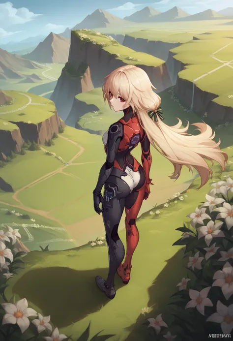 score_9, score_8_up, score_7_up, source_anime, NemesisTOFPony, Nemesis (Tower of Fantasy), 1girl, cybersuit, from back, from above, high field of view, looking at viewer, standing, full body, fantasy landscape, green plains, trees, hill, flowers, <lora:Nem...