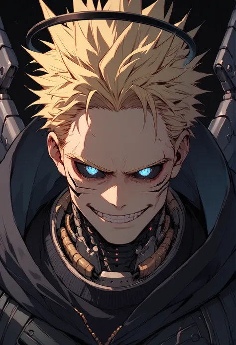 (score_9, score_8_up), score_7_up, zPDXL, hawks (boku no hero academia), boku no hero academia, 1boy, facial hair, blue eyes, mechanical jaw, black sweater, mechanical wings, (black halo), looking at viewer, black sclera, smirk, blonde hair, dark backgroun...