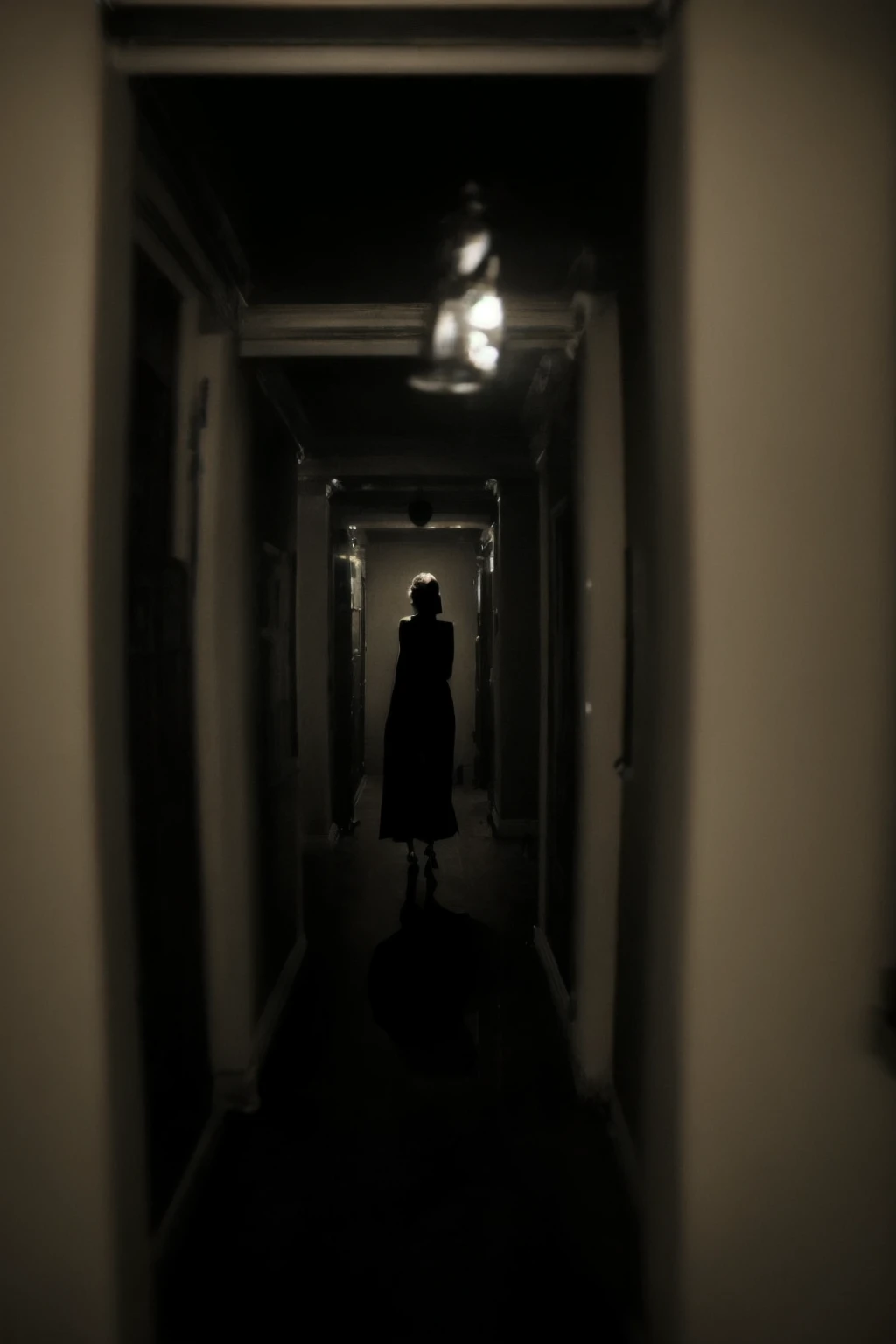 Psychedelic style ((Glamour Portrait)),long shot scenic professional photograph of In the chilling silence of the endless corridor, a spectral presence looms â Lisa, her form a sinister silhouette against the darkness. She glides ominously, accompanied b...