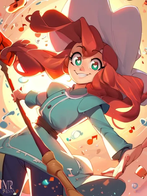 score_9, score_8_up, score_7_up, score_6_up, cute girl, musical note, tunic, magical staff, red hair, big hat, epic pose, light smile, bright pupils, particles around, splash art, pants, looking at viewer, cowboy shot, dynamic pose, smile, cute, wide shot,...