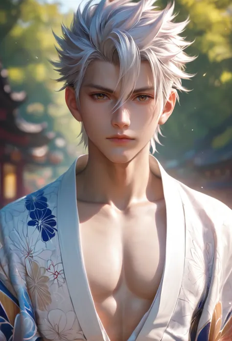 score_9, score_8_up, score_7_up, i want the whole image to be created in 3D anime style, solo, looking at viewer, 1boy, hair between eyes, brown eyes, closed mouth, collarbone, upper body, white hair, male focus, japanese clothes, open clothes, kimono, blu...