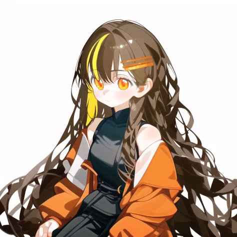 <lora:xjtu-000008:1>,1girl, orange eyes, hair ornament, multicolored hair,hairclip,brown hair, long long hair,