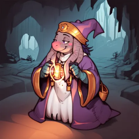 score_9, score_8_up, score_7_up, score_6_up, score_5_up, score_4_up, a nu mou wizard casting light in a dark cave, with ornate purple robes and gold embellishments, fearlessly smiling into the dark