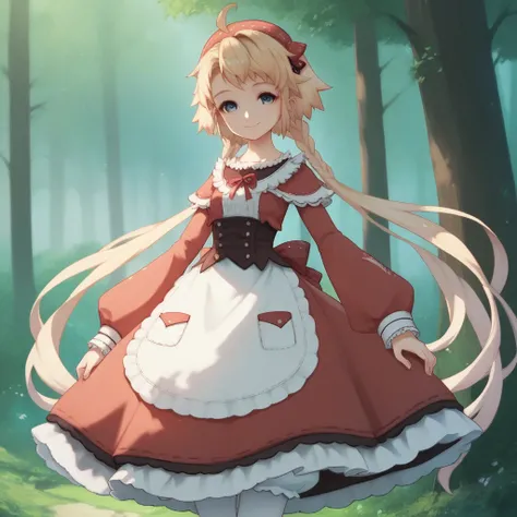 P0lka, 1girl, solo, red dress, waist apron, layered dress, frills, long sleeves, bloomers, white pantyhose, long hair, twintails, braid, very long hair, ahoge, looking at viewer, smile, outdoors, forest, tree, score_9,score_8_up, score_7_up, score_6_up, sc...