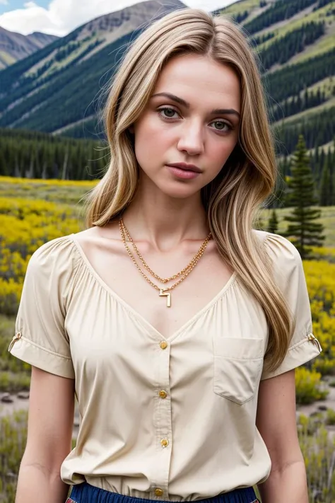 European woman, closeup, (shirt), pants, (rocky mountain national park), gold necklace , ZM_debora , wide shoulders, perfect face, (contact iris: 1.1), pale skin, skin pores , depth of field