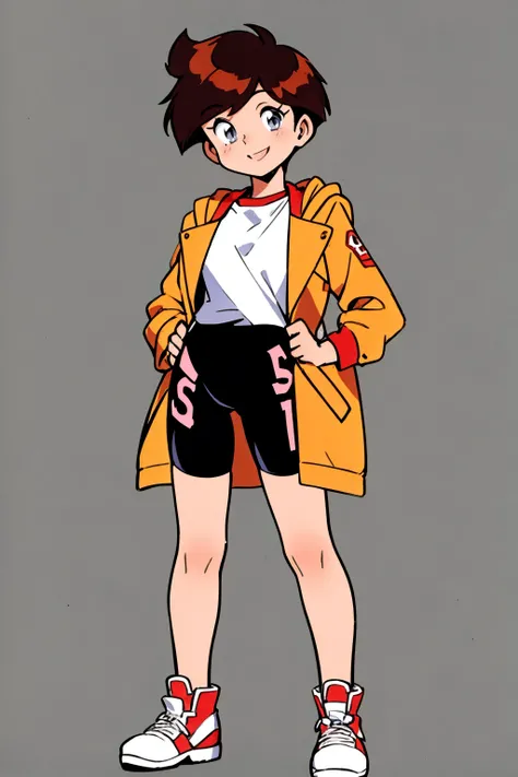 masterpiece, best quality,
1girl, isamihanaoka, brown hair, short hair, blue eyes, open jacket,  sleeves rolled up, shirt, bike shorts,
full body, smile, standing, contrapposto, solo, looking at viewer, simple background, solid grey background   <lora:Isam...