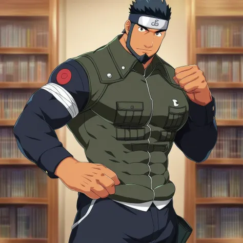 vest, nature, library, bara, beard, konohagakure symbol, from behind, standing, looking at viewer, abs, pants