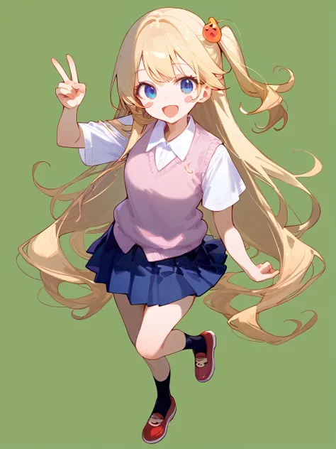 1girl, 
socks, pleated skirt, long sleeves, blue eyes, green background, standing on one leg, standing, one side up, purple sweater vest, red footwear, simple background, blonde hair, open mouth, black socks, blue skirt, looking at viewer, smile, skirt, sh...