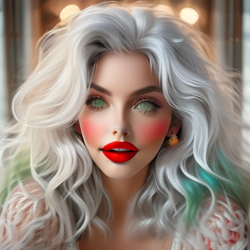 red lips, medium breasts, cleavage, white hair, cable knit, grey hair, 1girl, eyelashes, lipstick, green eyes, multicolored hair, solo, earrings