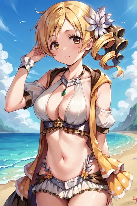 score_9, score_8_up, score_7_up, score_6_up, score_5_up, score_4_up, BREAK source_anime, 1girl, looking at viewer, sencery, depth of field, cowboy shot, solo, mami, blonde hair, drill hair, yellow eyes, hair flower, bikini, beach<lora:EMS-248183-EMS:0.8000...