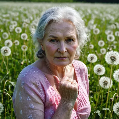 RAW photo, full body portrait of a beautiful 70 year giant old woman, wrinkled face, pink summer dress, she stands in meadow full of dandelions, full sharp, detailed face, blue eyes, (high detailed skin:1.2), 8k uhd, dslr, soft lighting, high quality, film...