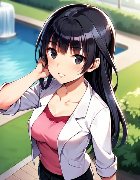 score_9, score_8_up, score_7_up, source_anime,
cinematic, dramatic, blurry background, depth of field, 
1girl, solo, dating, standing, joyful, smile, blush, parted lips, arm on head,  looking at viewer, from above,
outdoors, day, park, plant, tree, fountai...