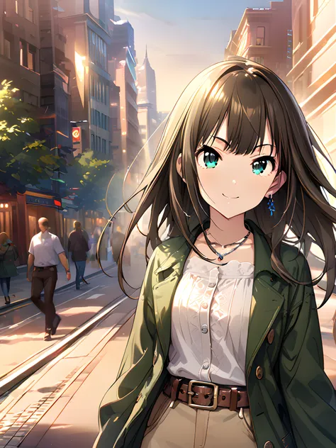 (masterpiece),(best quality),(ultra-detailed),(best illustration),(best shadow),(absurdres),(detailed background),(very aesthetic),rin shibuya, , casualoutfit, 1girl, solo, long hair, jewelry, brown hair, necklace, belt, smile, green eyes, looking at viewe...